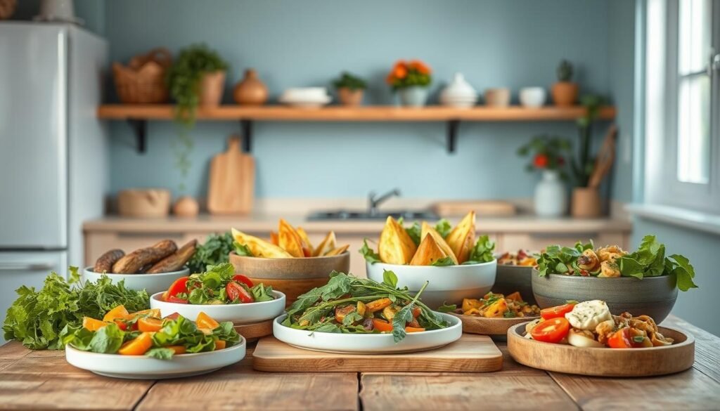 A vibrant assortment of nutrient-rich side dishes artfully arranged on a rustic wooden table in a cozy, minimalist kitchen. Fresh greens, roasted vegetables, and colorful salads set against a soothing light blue backdrop, creating a visually appealing and appetizing display. The natural textures of the wood and the gentle lighting evoke a sense of warmth and simplicity, inviting the viewer to savor the wholesome and nourishing options. The overall scene conveys a harmonious balance of flavors and textures, perfectly complementing the main dish and catering to diverse dietary needs.