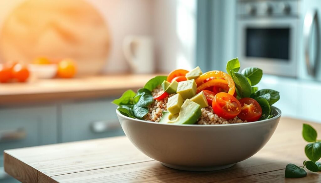 A vibrant avocado quinoa bowl sits atop a simple wooden table, bathed in soft, natural lighting. The bowl is filled with a colorful blend of fluffy quinoa, creamy avocado chunks, and an assortment of fresh vegetables - cherry tomatoes, crisp spinach leaves, and vibrant bell pepper slices. The kitchen setting features a minimalist aesthetic, with light blue accents and clean, wooden textures that complement the healthy, earthy tones of the dish. The scene evokes a sense of nourishment and wellness, perfectly reflecting the 
