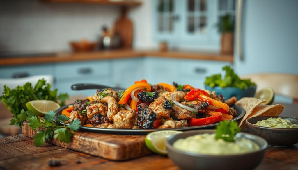 A vibrant, mouth-watering fajitas dinner scene unfolds on a rustic wooden table. Sizzling chicken and steak, combined with colorful bell peppers, onions, and warm tortillas, fill the air with the enticing aroma of a Mexican fiesta. Soft lighting casts a cozy glow, complementing the light blue accents of the minimal kitchen. Carefully arranged lime wedges, fresh cilantro, and a side of creamy guacamole add the finishing touches to this authentic, homemade feast, ready to be shared with loved ones.