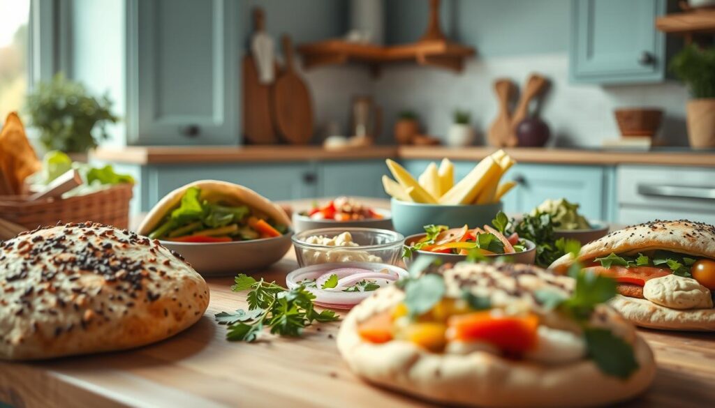 A vibrant still life showcasing an array of global pita pocket variations. In the foreground, freshly baked pitas in traditional Middle Eastern flavors like za'atar and garlic dot a wooden cutting board. The middle ground features an assortment of colorful fillings - crisp veggies, creamy hummus, tangy pickled onions, and fragrant herbs. A backdrop of light blue kitchen cabinetry and warm wooden accents creates a cozy, minimal atmosphere, inviting the viewer to imagine assembling their own unique pita pocket creations.