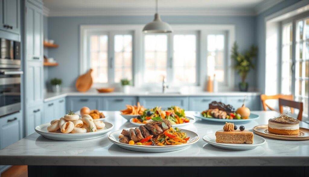 A visually appealing arrangement of gourmet meal ideas presented on a clean white marble countertop, against a backdrop of a cozy, minimal kitchen with light blue accents and warm wooden textures. The composition features a variety of colorful, artfully plated dishes, including a delicate seafood dish, a succulent steak with a vibrant salad, and a decadent dessert. Soft, natural lighting from large windows casts a gentle glow, creating a serene and inviting atmosphere. The overall scene conveys a sense of culinary sophistication and elevated dinner experience.