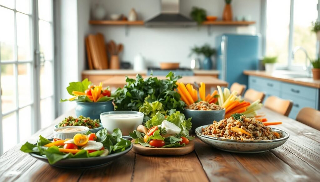 A visually appealing array of fresh, vibrant vegetarian dishes arranged on a rustic wooden table in a cozy, minimalist kitchen. Crisp greens, colorful raw vegetables, creamy dips, and hearty grain-based salads capture the essence of a nourishing, plant-based cold lunch. Soft natural lighting filters through large windows, casting a warm glow on the scene. The composition emphasizes clean lines, simple forms, and muted blue accents that complement the earthy tones of the food and surroundings.