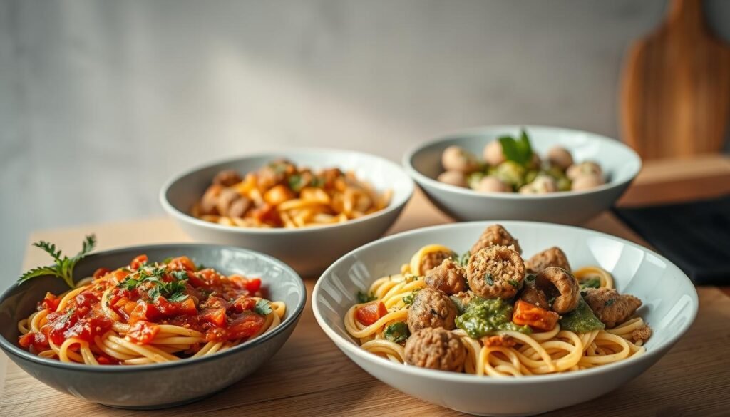 A visually appealing assortment of vegan pasta dishes nestled in a cozy, minimalist kitchen. Vibrant sauces of red marinara, creamy cashew alfredo, and pesto verde adorn fresh, al dente pasta noodles. Bountiful servings of roasted vegetables, tender plant-based meatballs, and garnishes of fresh herbs and toasted breadcrumbs add texture and depth. Soft, diffused lighting casts a warm glow, highlighting the rich, inviting colors and textures. The scene exudes a sense of comfort and nourishment, perfect for a cozy, plant-based dinner.