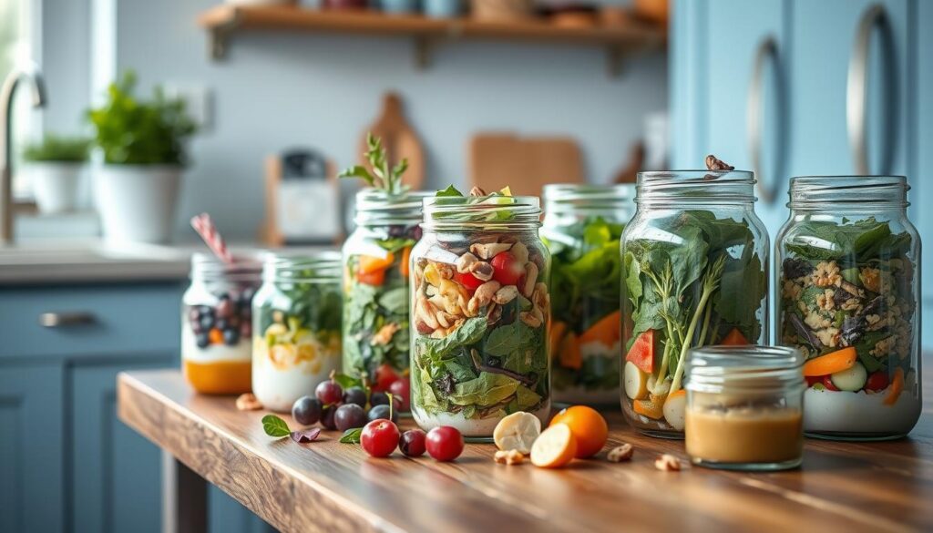 A visually striking still life of various creative salad jars, arranged on a wooden table in a cozy, minimalist kitchen with light blue accents. The jars contain an assortment of vibrant, fresh ingredients, such as leafy greens, colorful vegetables, aromatic herbs, crunchy nuts, and flavorful dressings. The scene is bathed in soft, natural lighting, highlighting the textures and hues of the ingredients. The composition emphasizes the artful layering and combination of the salad components, suggesting the endless possibilities for flavourful and visually appealing cold lunch jar salads.