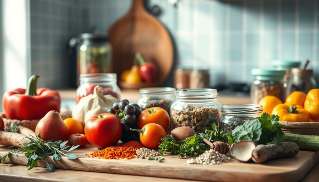 A visually striking still life showcasing an assortment of fresh, vibrant ingredients for creative meal prep ideas. In the foreground, an array of seasonal produce, herbs, and spices are artfully arranged on a wooden cutting board, with soft natural light illuminating their textures and colors. In the middle ground, glass jars and reusable containers hold prepped ingredients, hinting at the efficient organization of a batch cooking session. The background features a minimalist kitchen with light blue tiled walls, lending a calming, modern aesthetic. The overall mood is one of purposeful, eco-conscious culinary inspiration.
