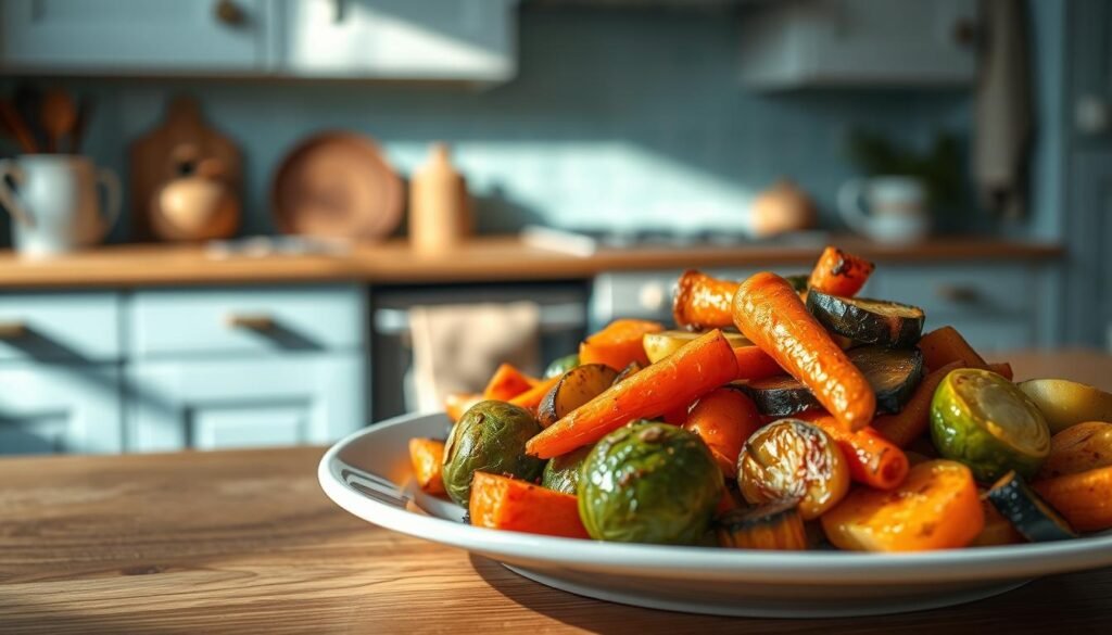 A warm, cozy kitchen with wooden countertops and light blue accents serves as the backdrop for a tantalizing display of reheated vegetables. In the foreground, a plate showcases a vibrant medley of roasted carrots, Brussels sprouts, and zucchini, their edges lightly caramelized, emanating a rich, savory aroma. The vegetables are bathed in a soft, directional light that casts gentle shadows, highlighting their distinct textures and colors. The scene exudes a sense of homemade comfort, inviting the viewer to imagine the satisfying flavors and aromas of these perfectly reheated side dishes.