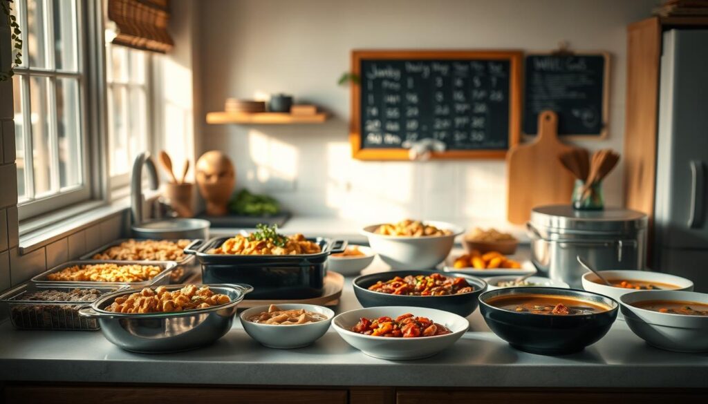 A warm, inviting kitchen filled with an array of carefully prepared meals, ready to be enjoyed at a moment's notice. On the countertop, a selection of hearty casseroles, fragrant stews, and wholesome soups await, their rich flavors and textures beckoning the senses. The muted light casts a soft, comforting glow, accentuating the clean lines and natural wood accents that lend a sense of simplicity and ease. In the background, a chalkboard calendar serves as a reminder of the weeks ahead, a testament to the thoughtful planning and dedication that goes into crafting these nourishing family dinners. A tranquil, yet purposeful scene, capturing the essence of making ahead for a stress-free weeknight solution.