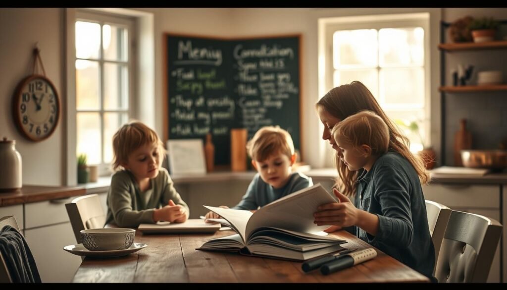 A warm, inviting kitchen scene with a family gathered around a wooden table, collaborating on meal planning. In the foreground, a mother and her two children pore over a cookbook, discussing recipe ideas. The middle ground features a chalkboard wall where menu options are scribbled in colorful chalk. Soft, natural lighting filters in through a large window, casting a gentle glow over the scene. The overall atmosphere is one of togetherness, creativity, and a shared commitment to nourishing their loved ones.