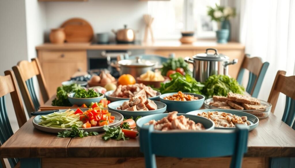 A warm, inviting kitchen with a wooden table and chairs, the soft blue accents complementing the natural tones. On the table, a bountiful spread of freshly prepared ingredients - chopped vegetables, marinated meats, and simmering pots, all the makings of a family meal. The aroma of home-cooked food fills the air, as a sense of togetherness and collaboration permeates the scene. The focus is on the process, not the individuals, emphasizing the teamwork and shared experience of batch cooking as a family affair.
