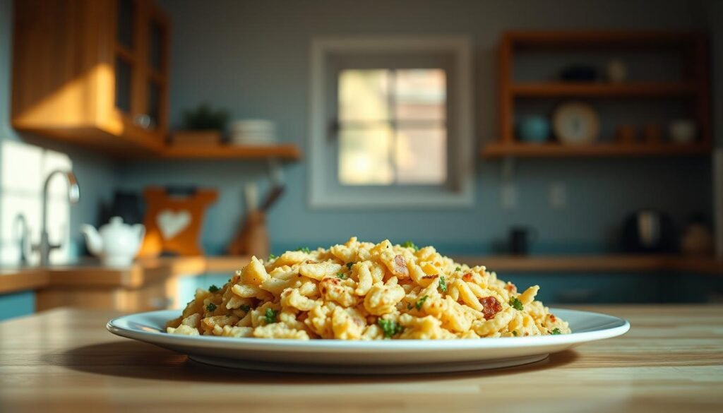 A warm, inviting kitchen with wooden countertops and light blue accents. In the center, a plate of freshly reheated food takes center stage, showcasing the preservation of its vibrant texture. The lighting is soft and natural, casting gentle shadows that accentuate the dish's dimensional qualities. The camera is positioned slightly above, capturing the meal's surface in crisp detail, highlighting the interplay of different textures - the tender, moist interior contrasted by the slightly crisped edges. The overall atmosphere conveys the importance of retaining a meal's satisfying mouthfeel, even after reheating.