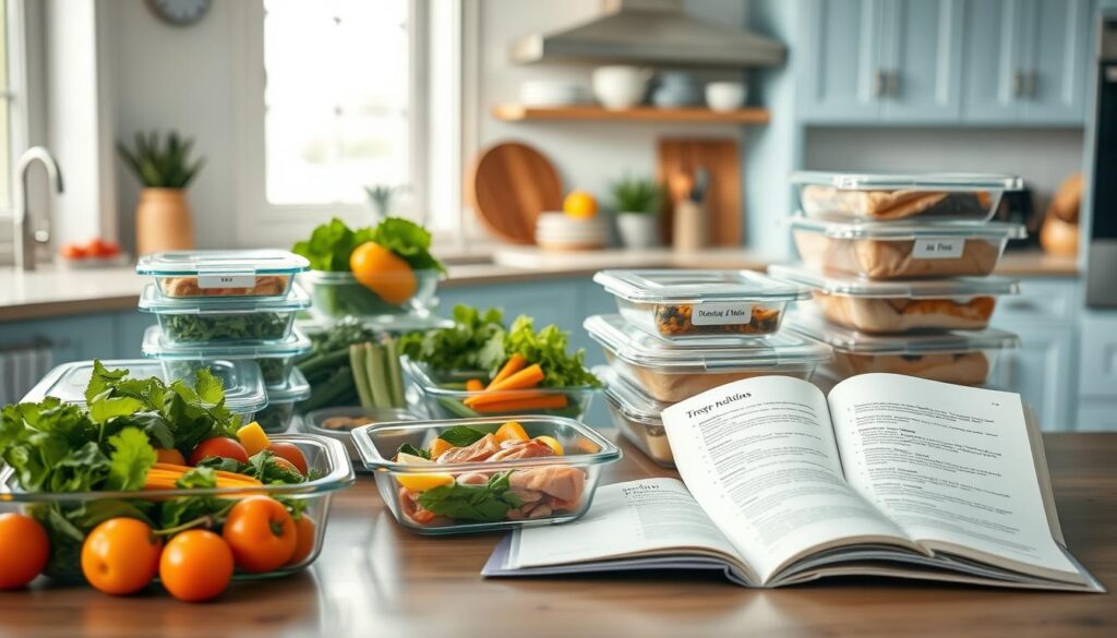 A well-lit, airy kitchen with light blue cabinetry and natural wood accents. Arranged neatly on the counter are various freezer-friendly meal prep containers, including glass dishes, reusable silicone bags, and stainless steel trays. Colorful fresh vegetables, herbs, and pre-portioned proteins sit alongside labeled meal kits ready for assembly. An open cookbook rests nearby, showcasing step-by-step instructions for advanced freezer meal techniques. The scene conveys a sense of organized efficiency and meal planning expertise.