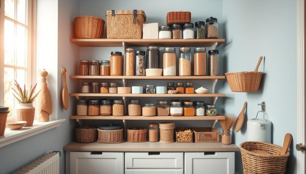 A well-organized and visually appealing pantry, with glass jars, wicker baskets, and wooden shelves neatly arranged against a light blue wall. The natural lighting from a nearby window casts a warm glow, highlighting the textures and colors of the various staple ingredients. Spices, grains, and other dry goods are displayed in a clean, minimalist manner, creating a sense of order and efficiency. The overall atmosphere conveys a feeling of calmness and intentionality, ideal for a home cook looking to maximize the potential of their pantry staples.