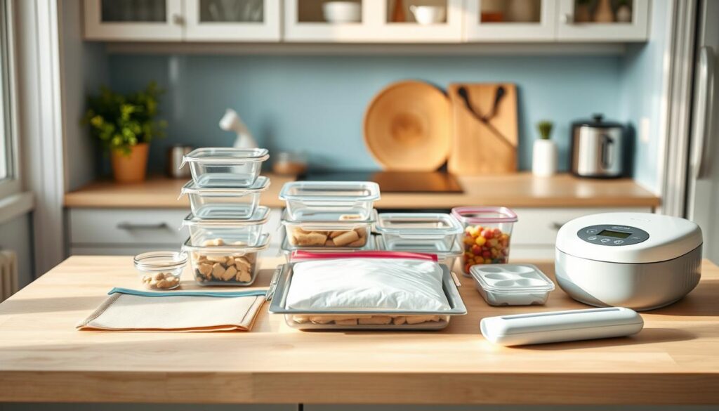 A well-organized countertop in a cozy, minimalist kitchen. Atop the light wooden surface, an assortment of freezer meal prep tools lies neatly arranged: airtight glass containers, silicone baking mats, reusable zipper bags, a reliable food scale, and a compact vacuum sealer. Soft blue accents in the background create a calming, organized atmosphere, while natural light filters in, casting a warm glow over the scene. The layout is visually appealing, highlighting the essential items needed for successful batch cooking and meal prepping.