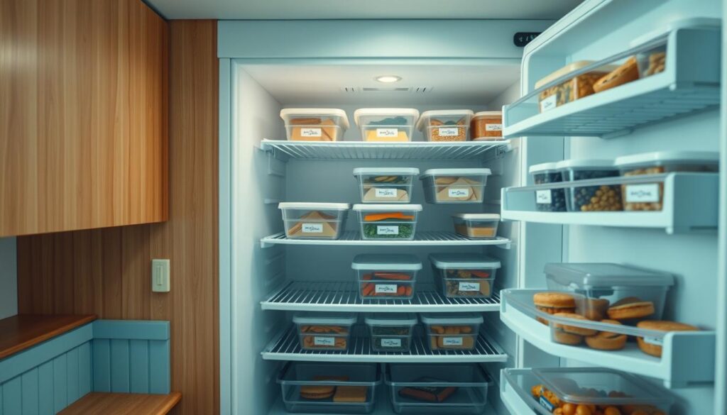 A well-organized freezer system in a cozy kitchen with wooden cabinetry and light blue accents. The shelves are neatly stocked with labeled plastic containers, creating a visually appealing and efficient storage solution. Soft, even lighting illuminates the contents, making it easy to quickly identify and access the frozen meals. The camera is positioned slightly above, capturing the entirety of the freezer's interior in a clean, minimalist composition that emphasizes the system's practicality and aesthetics.