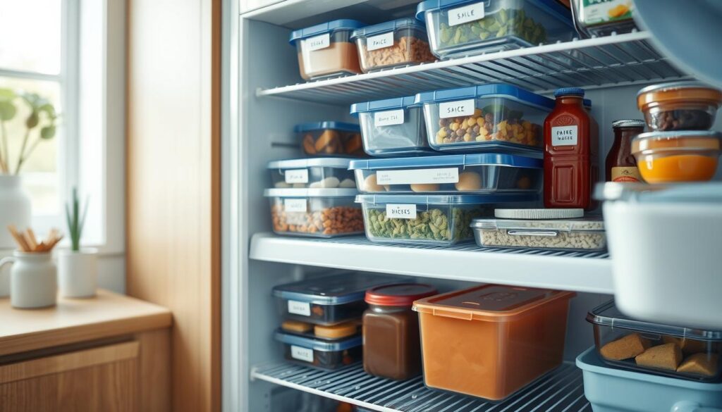 A well-organized freezer with clear acrylic storage containers, labeled and stacked neatly on wire shelves. The containers hold various pre-portioned meals, sauces, and ingredients, all easily accessible. The kitchen has a cozy, minimal aesthetic with wooden textures and light blue accents, creating a calming atmosphere. The scene is captured from an angle that showcases the freezer's organized interior, without any visible hands or other distractions, emphasizing the functionality and efficiency of the freezer organization system.