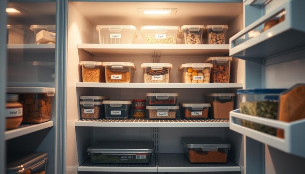 A well-organized freezer with clear containers and labeled shelves, showcasing an efficient storage system for home-cooked meals. The shelves are arranged in a clean, symmetrical layout, with items neatly stacked and easily accessible. Soft, natural lighting illuminates the scene, casting a warm glow on the muted color palette of the kitchen. The overall atmosphere conveys a sense of order and thoughtfulness, reflecting the 