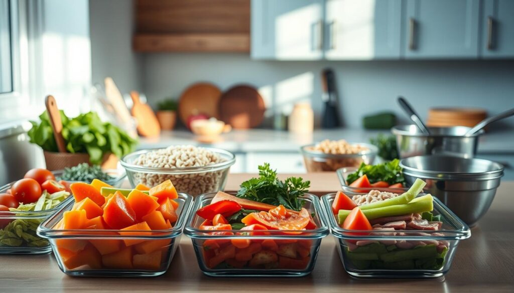 A well-organized kitchen counter, bathed in soft, natural light. In the foreground, an array of meal prep components - fresh vegetables, neatly chopped and arranged in glass containers. Behind them, a selection of grains, proteins, and herbs in stainless steel bowls. In the middle ground, a cutting board and a set of sharp knives, ready for the next step of the cooking process. The background features minimal, light blue cabinetry and wooden textures, creating a calming, efficient atmosphere for meal preparation.