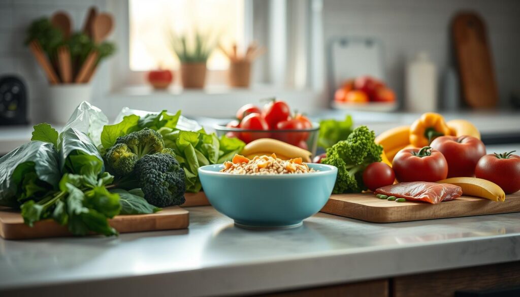 A well-organized kitchen counter displaying a balanced, nutritious meal plan. Fresh vegetables, whole grains, lean proteins, and vibrant fruits are neatly arranged on wooden cutting boards, with a light blue ceramic bowl in the foreground. Soft natural lighting filters through a nearby window, creating a warm, inviting atmosphere. The scene conveys a sense of mindful meal preparation, highlighting the importance of planning for optimal health and sustainability.