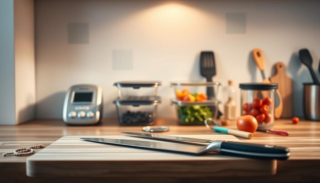 A well-organized kitchen counter displaying the essential tools for meal prepping. In the foreground, a cutting board, chef's knife, and a high-quality vegetable peeler sit neatly arranged. In the middle ground, a set of glass meal prep containers, a digital kitchen scale, and a silicone spatula are positioned. The background features a clean, minimal tiled backsplash with light blue accents, complementing the warm wooden textures of the counter. Indirect lighting from above casts a soft, even glow across the scene, creating a cozy and inviting atmosphere for efficient meal preparation.