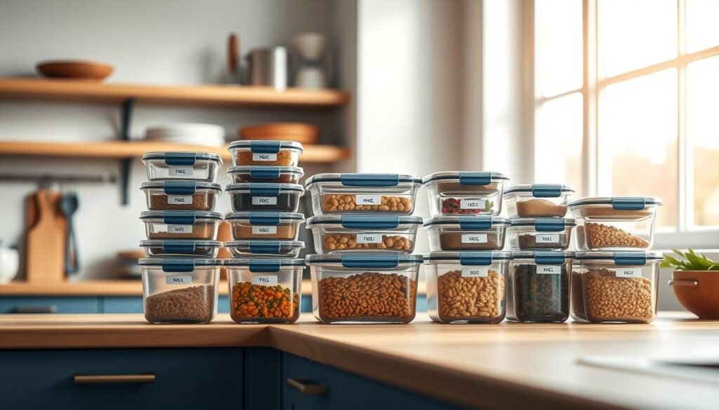 A well-organized kitchen counter displays a series of neatly stacked glass containers, meticulously labeled and ready for strategic meal prepping. The soft, natural light filters through the windows, casting a warm glow on the wooden surfaces. Minimalist shelves line the walls, holding a few essential kitchen tools, creating a sense of calm and efficiency. The blue-accented cabinetry and smooth, clean lines evoke a modern, functional aesthetic. This methodical storage solution promises to streamline meal preparation, optimizing time and reducing waste for the ultimate in cooking productivity.