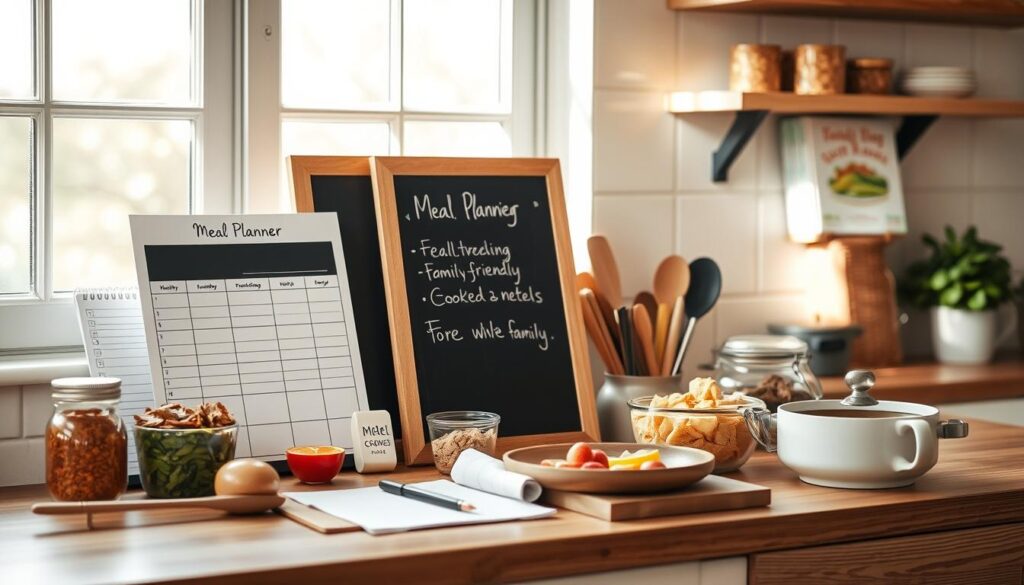 A well-organized kitchen counter displays a variety of meal planning tools - a weekly meal planner, recipe cards, a chalkboard for notes, and various cooking ingredients. Soft natural light filters through the windows, casting a warm glow on the wooden surfaces. In the background, a simple shelf holds family-friendly cookbooks. The scene conveys a sense of calm efficiency, with everything in its place, ready to support the preparation of nourishing, home-cooked meals for the whole family.