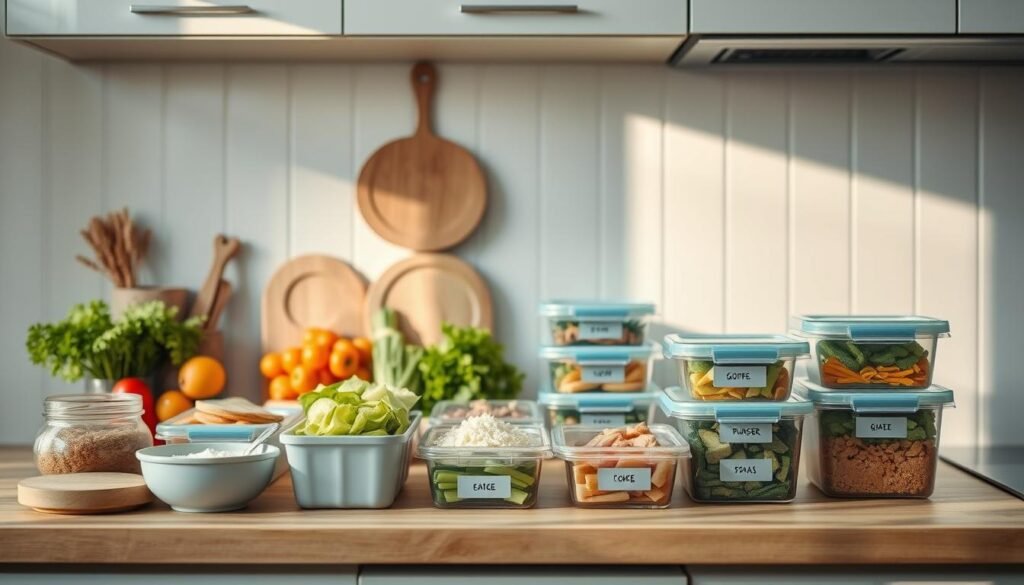 A well-organized kitchen counter displays an array of neatly prepped ingredients - chopped vegetables, portioned proteins, and labeled storage containers. The muted color palette of light blues and natural wood tones creates a calming atmosphere. Soft, diffused lighting from above illuminates the scene, casting gentle shadows and highlighting the textural details. The composition focuses on the effortless efficiency of the setup, showcasing how thoughtful meal prep can streamline weeknight cooking. The absence of hands in the frame emphasizes the idea of a hassle-free, time-saving process.