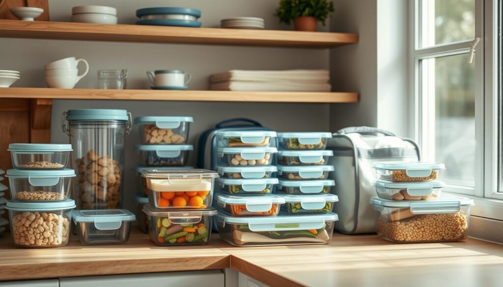 A well-organized kitchen counter showcases a variety of glass containers, plastic meal prep boxes, and reusable lunchbags, all neatly arranged to create an efficient meal prep system. The soft natural light filters through the window, casting a warm glow on the wooden surfaces. The minimalist design and light blue accents evoke a sense of tranquility, complementing the practical storage solutions. The camera angle captures the display from a slightly elevated perspective, highlighting the thoughtful arrangement of the items.