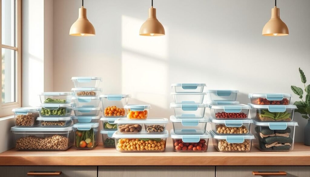 A well-organized kitchen counter showcases an array of meal storage solutions in a cozy, minimal setting. Sleek glass containers, stackable plastic boxes, and airtight silicone seals line the surface, creating a visually pleasing and efficient storage system. Warm, soft lighting from pendant fixtures casts a gentle glow, accentuating the natural wood tones and light blue accents that lend a calming, thoughtful atmosphere. The image captures the essence of meal prepping, where organization and practicality meet aesthetic appeal, all within a harmonious, clutter-free environment.