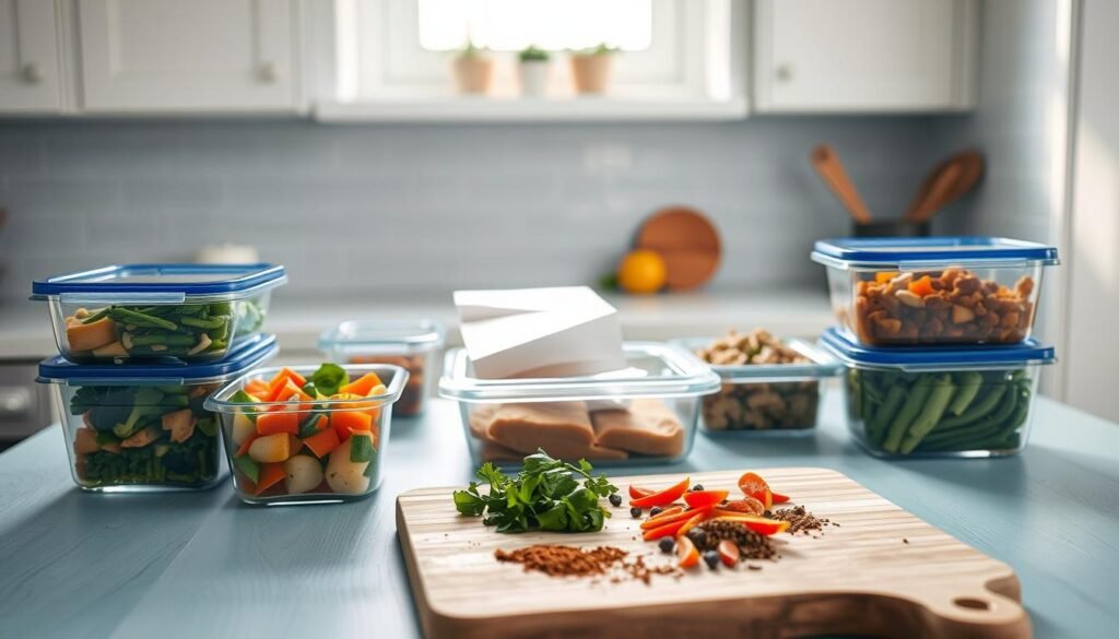 A well-organized kitchen counter showcasing an assortment of dairy-free, low-carb freezer meals. In the foreground, glass containers filled with various vegetable-based dishes and lean protein options sit atop a light blue wooden surface. In the middle ground, a cutting board with sliced fresh herbs and spices, adding a pop of color and natural fragrance to the scene. The background features minimal, clean-lined cabinetry and a window allowing soft, natural lighting to filter in, creating a cozy, inviting atmosphere. The overall mood is one of simplicity, nourishment, and a commitment to healthy, dairy-free living.