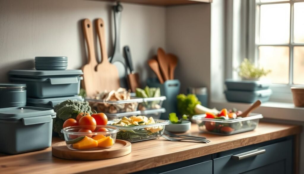 A well-organized kitchen counter with a selection of fresh ingredients, meal prep containers, and cooking utensils neatly arranged. Soft, natural lighting filters through a nearby window, casting a warm glow over the scene. Sturdy wooden surfaces and sleek blue-gray accents create a calming, minimalist aesthetic. Carefully portioned ingredients and color-coded containers suggest a thoughtful, efficient meal planning approach. The overall atmosphere conveys a sense of intentionality and control, inspiring confidence in the home cook's ability to deliver delicious, nutritious cold lunches.