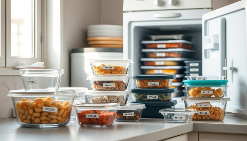 A well-organized kitchen counter with a variety of freezer-friendly storage containers neatly arranged. Glass, plastic, and silicone vessels in varying sizes, each labeled with the contents and date. A compact chest freezer in the background, its door slightly ajar, revealing frozen meals stacked with care. Soft, natural lighting filters through a nearby window, casting a warm glow over the scene. The overall atmosphere is one of efficiency, organization, and intentionality, conveying the importance of proper freezer storage techniques for meal planning.