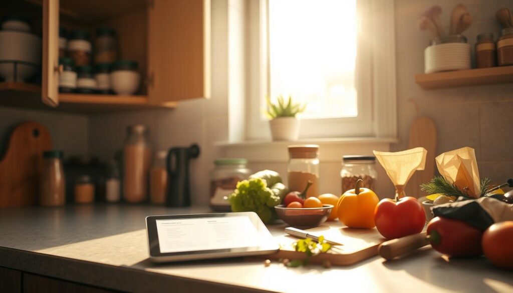 A well-organized kitchen counter with an open spice cabinet, jars of dry goods, and a cutting board. Nearby, a tablet displays a grocery list, with fresh produce and pantry staples arranged neatly. Warm, natural light filters through a window, casting a soft glow on the scene. The mood is serene and focused, reflecting the efficiency and thoughtfulness of smart grocery shopping. A sense of calm organization permeates the space, hinting at the mix-and-match potential of the ingredients within.