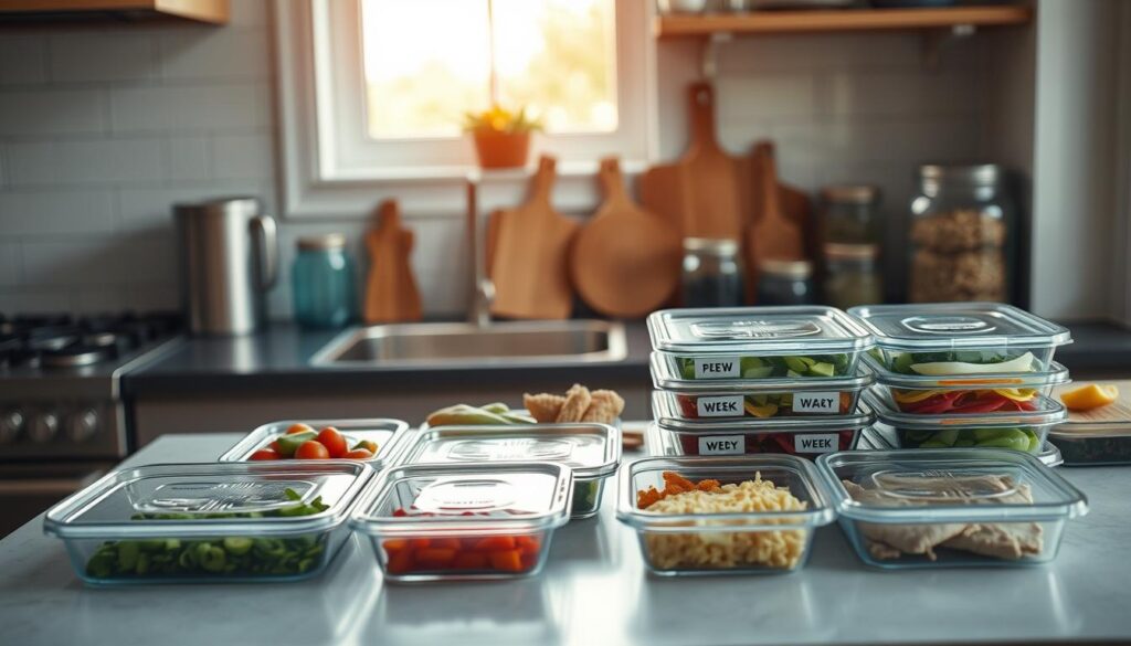 A well-organized kitchen counter with stainless steel appliances, wooden cutting boards, and blue-tinted glass jars. On the counter, a series of clear plastic meal prep containers, each labeled with the day of the week. Beside them, neatly arranged ingredients like chopped vegetables, sauces, and pre-cooked proteins. Soft, natural lighting from a nearby window casts a warm glow, highlighting the efficient and thoughtful process of meal preparation. The overall atmosphere is one of calm organization and a sense of control over the weekly dining routine.