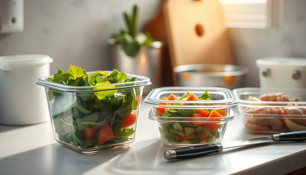 A well-organized kitchen counter with various meal prep containers, including a clear glass container filled with fresh salad greens, a stainless steel bowl of chopped vegetables, and a plastic container of cooked chicken. The lighting is soft and warm, casting a natural glow over the scene. A cutting board and chef's knife sit nearby, suggesting the recent preparation of these healthy, nourishing meals. The overall atmosphere is one of efficiency, cleanliness, and a mindful approach to food safety and meal planning.