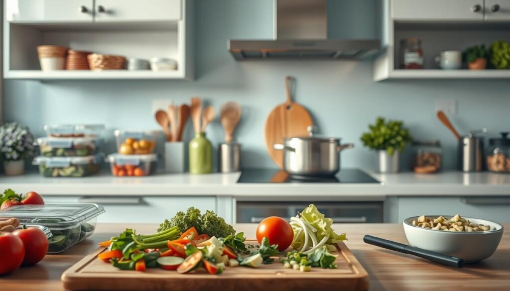 A well-organized kitchen countertop, filled with neatly arranged meal prep containers, fresh produce, and cooking utensils, bathed in soft, warm lighting. In the foreground, a cutting board showcases freshly chopped vegetables, while in the middle ground, a large pot simmers on a sleek, induction stovetop. The background features minimalist cabinets and shelves, with light blue accents that create a calming, efficient atmosphere. The entire scene conveys a sense of organized, methodical meal preparation, ready to fuel a productive cooking marathon.