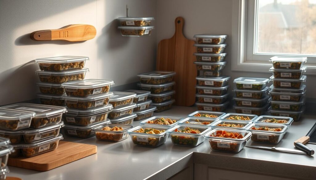 A well-organized kitchen countertop showcases an assortment of freshly prepared meals, each portion neatly portioned and labeled. Stacks of airtight containers in various sizes line the shelves, while a cutting board and chef's knife hint at the preparatory work. Soft, natural lighting filters through a nearby window, casting a warm glow over the scene. The atmosphere is one of efficiency and intentionality, reflecting the theme of 