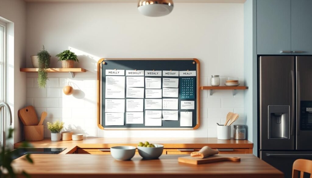 A well-organized meal plan display in a cozy, minimal kitchen with warm wooden textures and light blue accents. The display features a magnetic board or chalkboard, with neatly arranged meal cards or notes showcasing a weekly menu plan. The layout is visually appealing, with thoughtful use of space and balanced composition. Soft, natural lighting illuminates the scene, creating a welcoming and inspiring atmosphere for meal planning and preparation.