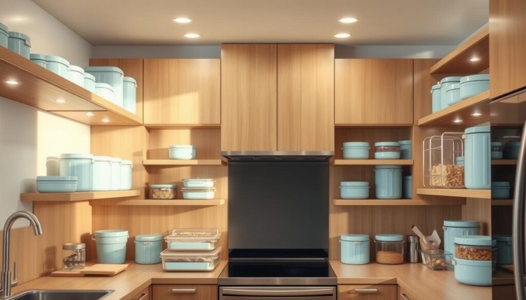 A well-organized modern kitchen with ample storage solutions for meal prep. Wooden shelves and cabinets in light oak tones, accented by minimalist light blue containers and jars. Sleek stainless steel appliances provide a clean, professional look. Soft, warm lighting from recessed ceiling fixtures casts a cozy glow over the neatly arranged assortment of glass, plastic, and airtight storage units, ready to hold pre-portioned ingredients and ready-to-heat meals. The layout is efficient and intuitive, optimized for smooth meal planning and preparation.