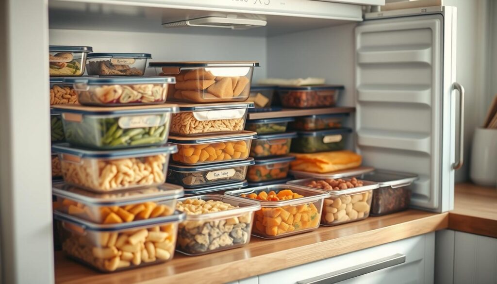 A well-stocked freezer filled with an assortment of homemade meals, from hearty casseroles to aromatic stews, sits atop a wooden countertop in a cozy, minimal kitchen. The soft, diffused lighting casts a warm glow, highlighting the various containers neatly organized and labeled. The scene conveys a sense of preparedness and efficiency, perfectly suited for a busy lifestyle where the benefits of batch cooking can be fully realized.