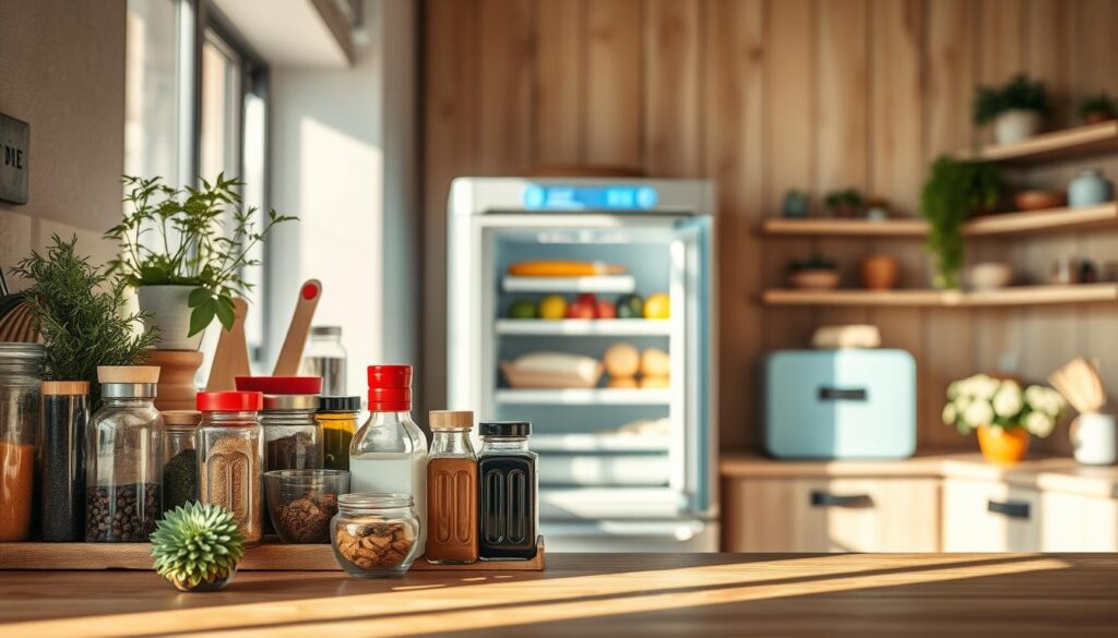 A well-stocked kitchen, brimming with essential ingredients. In the foreground, an assortment of spices, herbs, and condiments neatly arranged on a wooden shelf, casting soft shadows. In the middle ground, a fridge adorned with a light blue accent, its contents visible through the transparent door - fresh produce, dairy, and leftovers, all within easy reach. The background features a minimalist, airy space with natural wooden textures, complemented by warm, diffused lighting that imbues the scene with a sense of comfort and culinary potential.