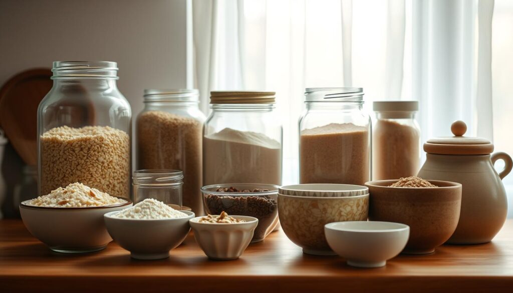 A well-stocked kitchen counter displays an array of gluten-free ingredients in glass jars and ceramic bowls. Quinoa, rice flour, almond meal, and ground flaxseed stand out against the warm wooden surface, hinting at the possibilities for creating nourishing, allergen-friendly meals. Soft natural light filters through sheer curtains, casting a gentle glow on the scene. The minimalist, calming atmosphere invites the viewer to explore these wholesome alternatives, ready to be incorporated into make-ahead family dinners that cater to dietary needs with care and creativity.