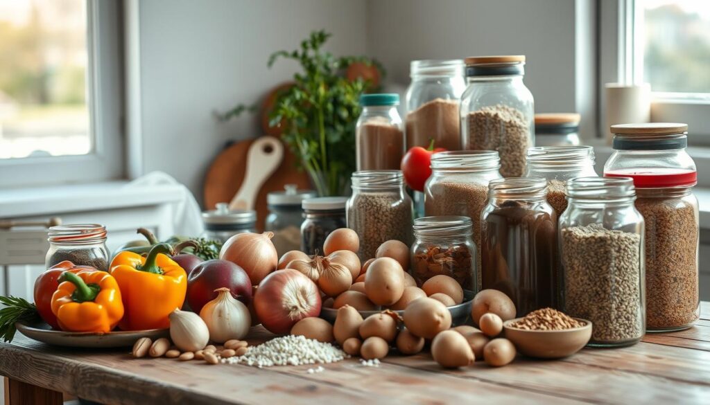 A well-stocked pantry on a rustic wooden table, with various budget-friendly ingredients artfully arranged. Fresh produce like bell peppers, onions, and potatoes in earthy tones, complemented by canned goods, grains, and spices in glass jars. Soft, diffused lighting from a window casts a warm glow, highlighting the simple, nourishing ingredients. The scene conveys a sense of thoughtful planning and practical, wholesome cooking, perfect for a busy family's budget-friendly meal preparation.