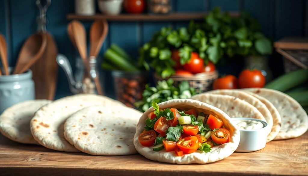A well-stocked wooden kitchen counter with a vibrant array of fresh vegetarian pita filling ingredients - colorful bell peppers, crisp cucumbers, juicy tomatoes, aromatic herbs, and a creamy tahini-based dressing. Soft, fluffy pita breads are arranged invitingly, ready to be stuffed with these nutritious and flavor-packed elements. Soft, natural lighting illuminates the scene, highlighting the textures and vibrant colors. An atmosphere of simplicity and wholesome nourishment pervades the cozy, blue-accented space.