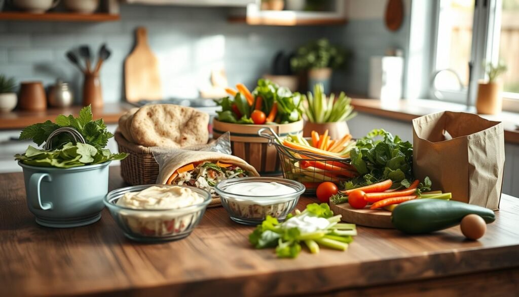 A well-stocked wooden table in a cozy, light blue-accented kitchen, displaying an array of fresh pita bread, crisp vegetables, creamy hummus, tangy tzatziki, and other vibrant ingredients for crafting flavorful cold lunch pita pockets. The scene is bathed in soft, natural lighting that accentuates the textures and colors, inviting the viewer to imagine the satisfying assembly of a nutritious and delicious portable meal.