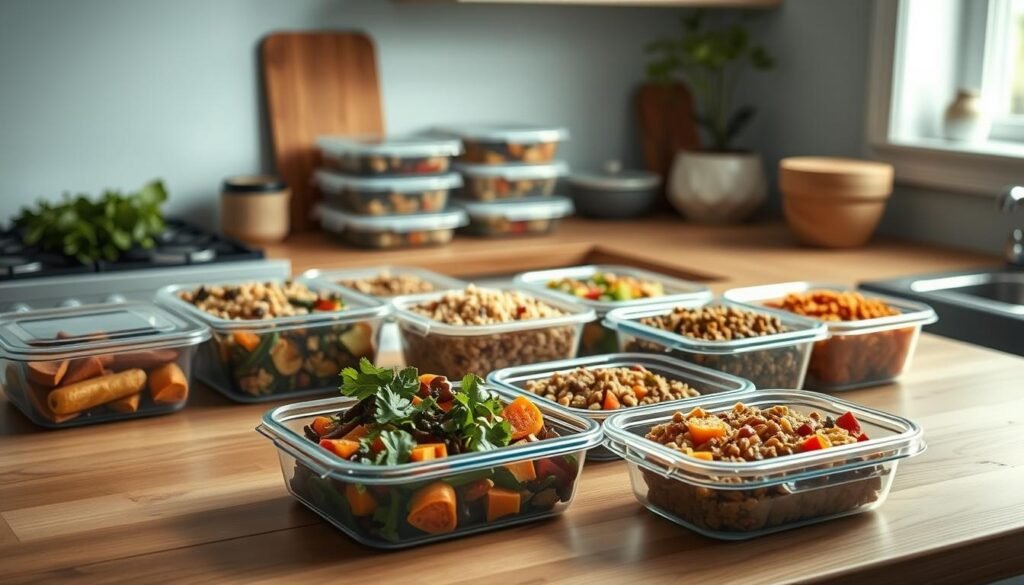 A wooden kitchen counter, adorned with an assortment of vibrant side dishes, radiates a cozy, inviting atmosphere. In the foreground, a variety of freshly prepared options, such as roasted root vegetables, vibrant quinoa salad, and a hearty lentil and vegetable medley, await to be frozen and enjoyed later. The middle ground showcases a selection of meal prep containers, their contents visible through the transparent lids, hinting at the convenience of these freezer-friendly sides. The background features a soft, light blue accent wall, complementing the natural wooden tones and creating a minimalist, yet welcoming ambiance. Soft, diffused lighting illuminates the scene, casting a warm glow and highlighting the textures and colors of the delectable side dishes.