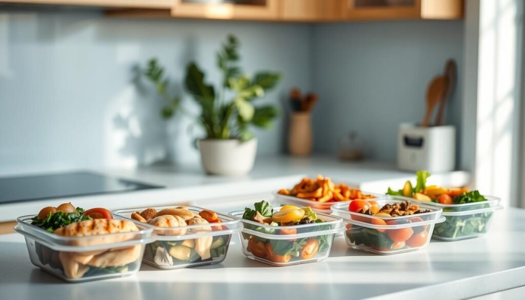 An airy, minimalist kitchen filled with soothing light blue hues and warm wooden accents. On the counter, a neatly arranged array of meal prep containers, each filled with a wholesome, balanced dish - grilled chicken, roasted vegetables, and leafy greens. The soft, diffused lighting casts a gentle glow, emphasizing the vibrant colors and textures of the freshly prepared meals. In the background, a potted plant and a simple, uncluttered backsplash create a serene, calming atmosphere, inviting the viewer to appreciate the benefits of organized meal prepping.