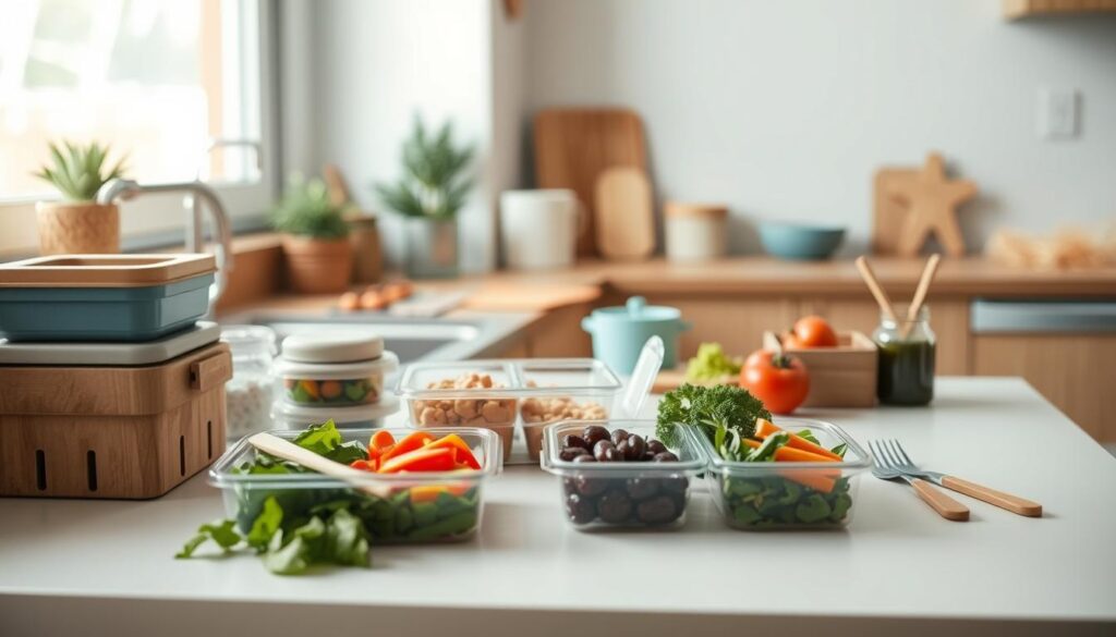 An organized lunchbox packing scene in a cozy, minimal kitchen with warm, natural wood tones and soft blue accents. Reusable containers, eco-friendly utensils, and fresh produce are neatly arranged on a clean, light-colored countertop, illuminated by soft, diffused lighting from a large window. Healthy meal components like leafy greens, vibrant vegetables, and lean proteins are visible, suggesting balanced, nutritious lunches. The overall atmosphere is calm, inviting, and conducive to mindful meal preparation, inspiring viewers to craft their own thoughtful, international-inspired lunchboxes.