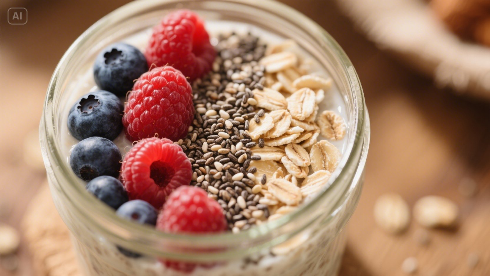 Berry Chia Overnight Oats A nutritious breakfast of chia overnight oats with mixed berries and seeds.