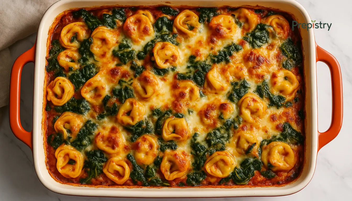 Cheesy Spinach Tortellini Bake Golden cheese-topped tortellini bake with spinach in a white casserole dish