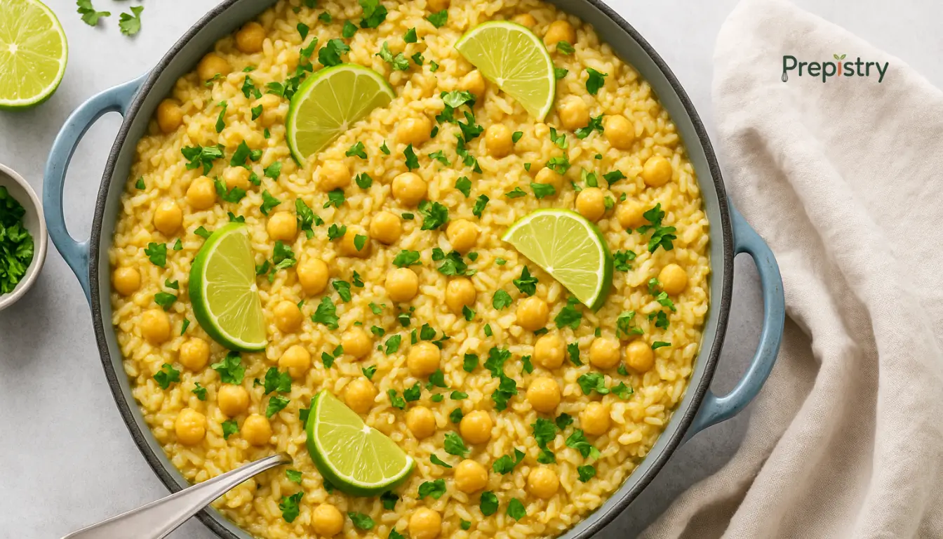 Coconut-Lime Chickpea Rice Skillet Creamy chickpea rice in a skillet with lime wedges and chopped herbs on a light background